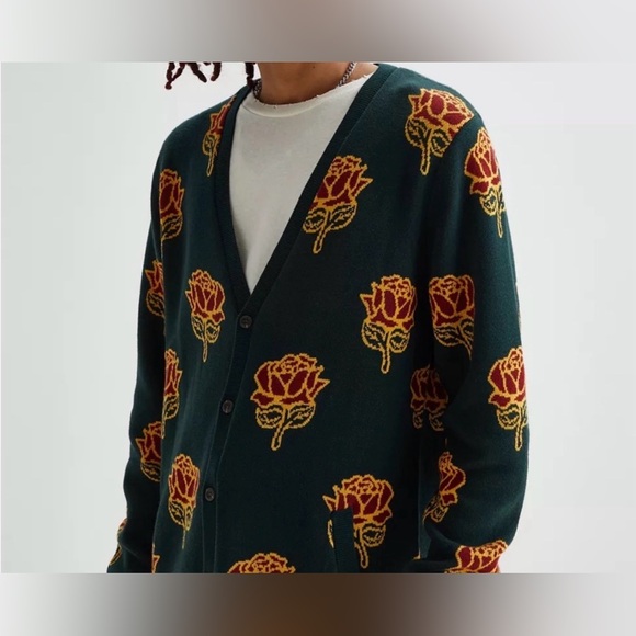Vans 66’ Champs Floral Rose Cardigan Sweater  Green yellow red Men’s M - Picture 1 of 6